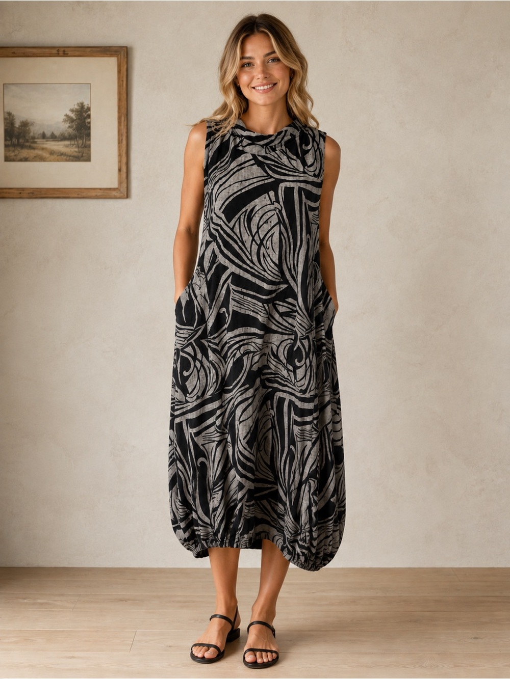 Unbranded Black Gray Abstract Print Bohemian Style Dress Large Cotton Linen Mock